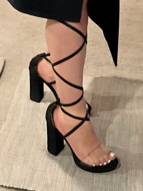Allegra K Black Lace-Up Platform Block Heel Sandal Size 7.5